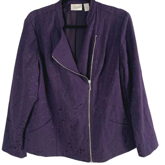 Chico's Size 2 US L Asymmetrical Zip Jacquard Jacket Eggplant Purple Lined - Picture 1 of 11